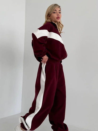 Womens Color Block Zip Up Tracksuit 2 Piece Set