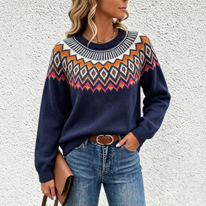 Women's Oversized Fair Isle Crew Neck Knit Sweater