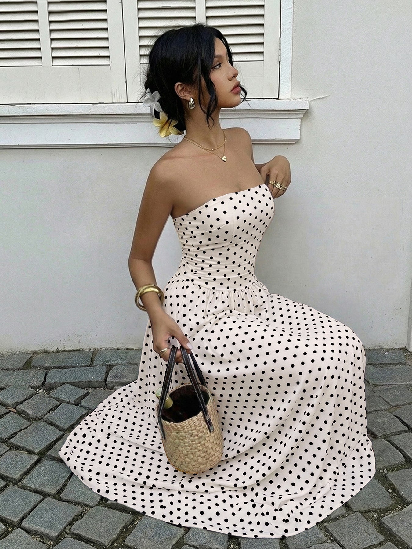 Strapless Polka Dot Maxi Dress Elegant Summer Dress