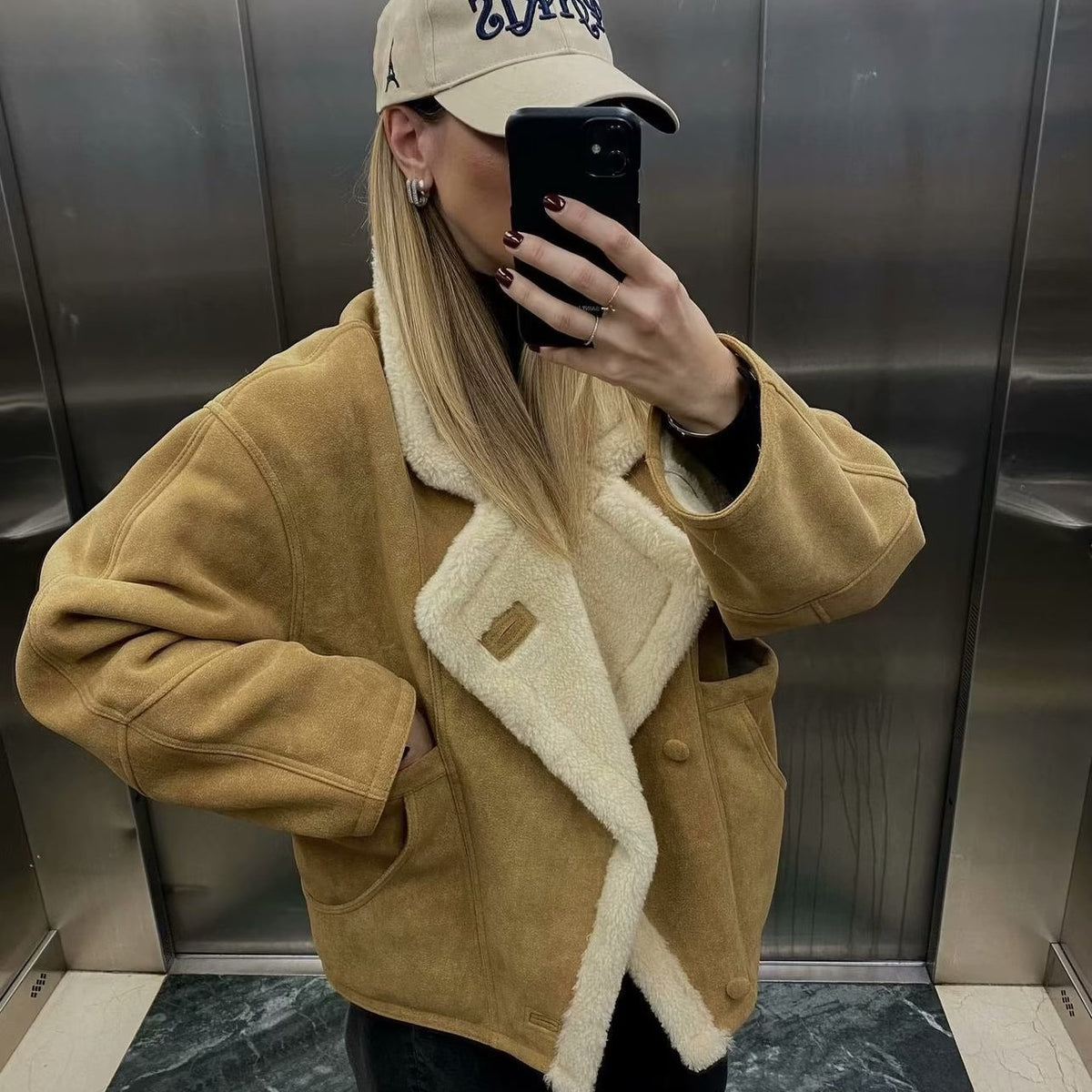 Women's Oversized Faux Suede Sherpa Jacket Winter