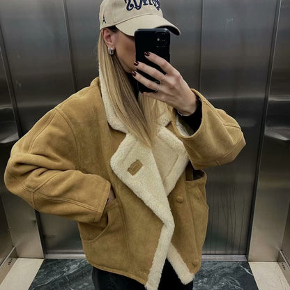 Women's Oversized Faux Suede Sherpa Jacket Winter