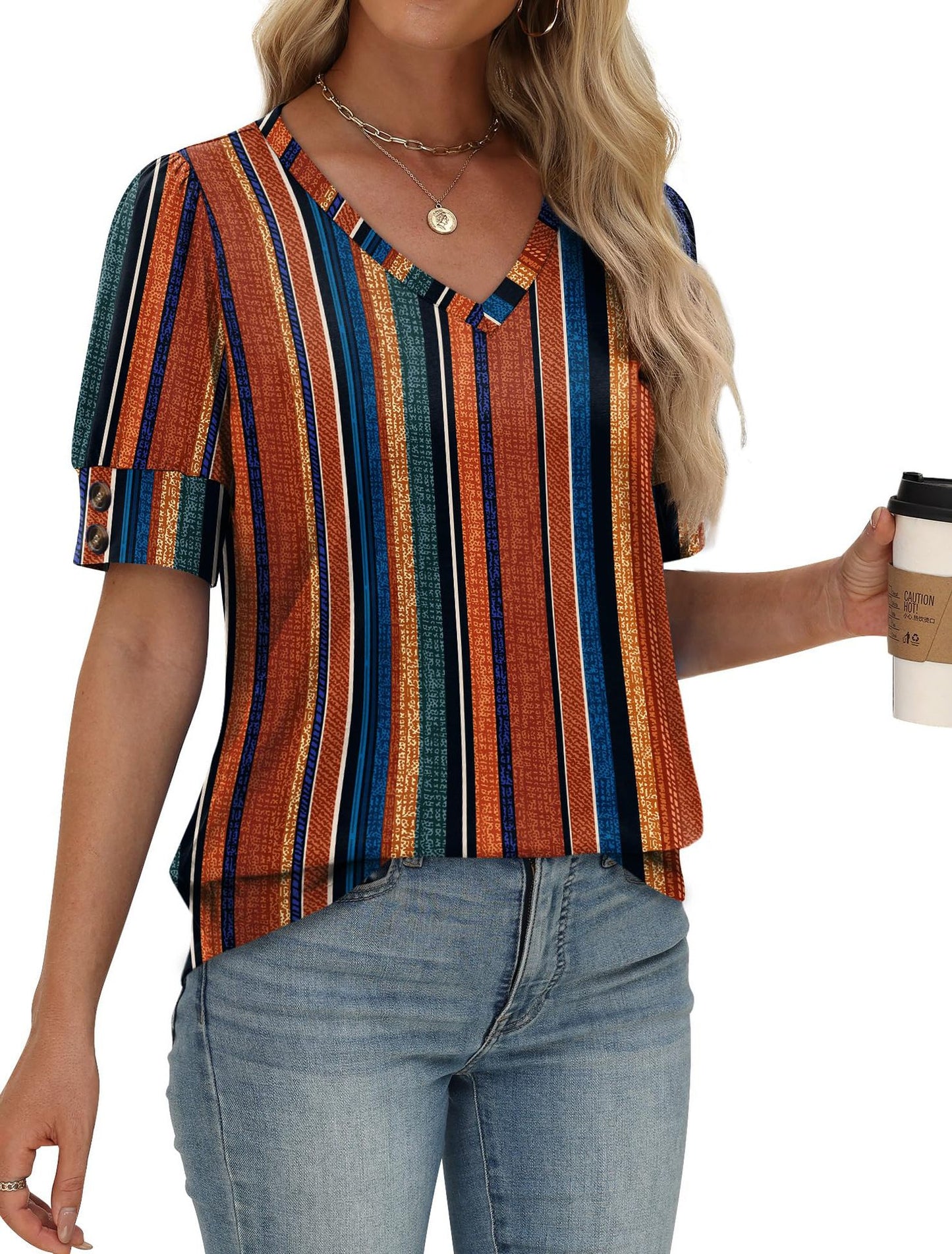 Solid Color V Neck Button Sleeve Puff Top Casual Tee