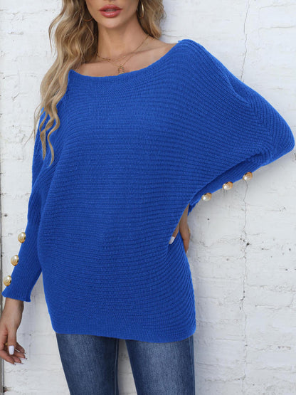 Pearl Button Decorative Bat Sleeve One-Neck Loose Sweater