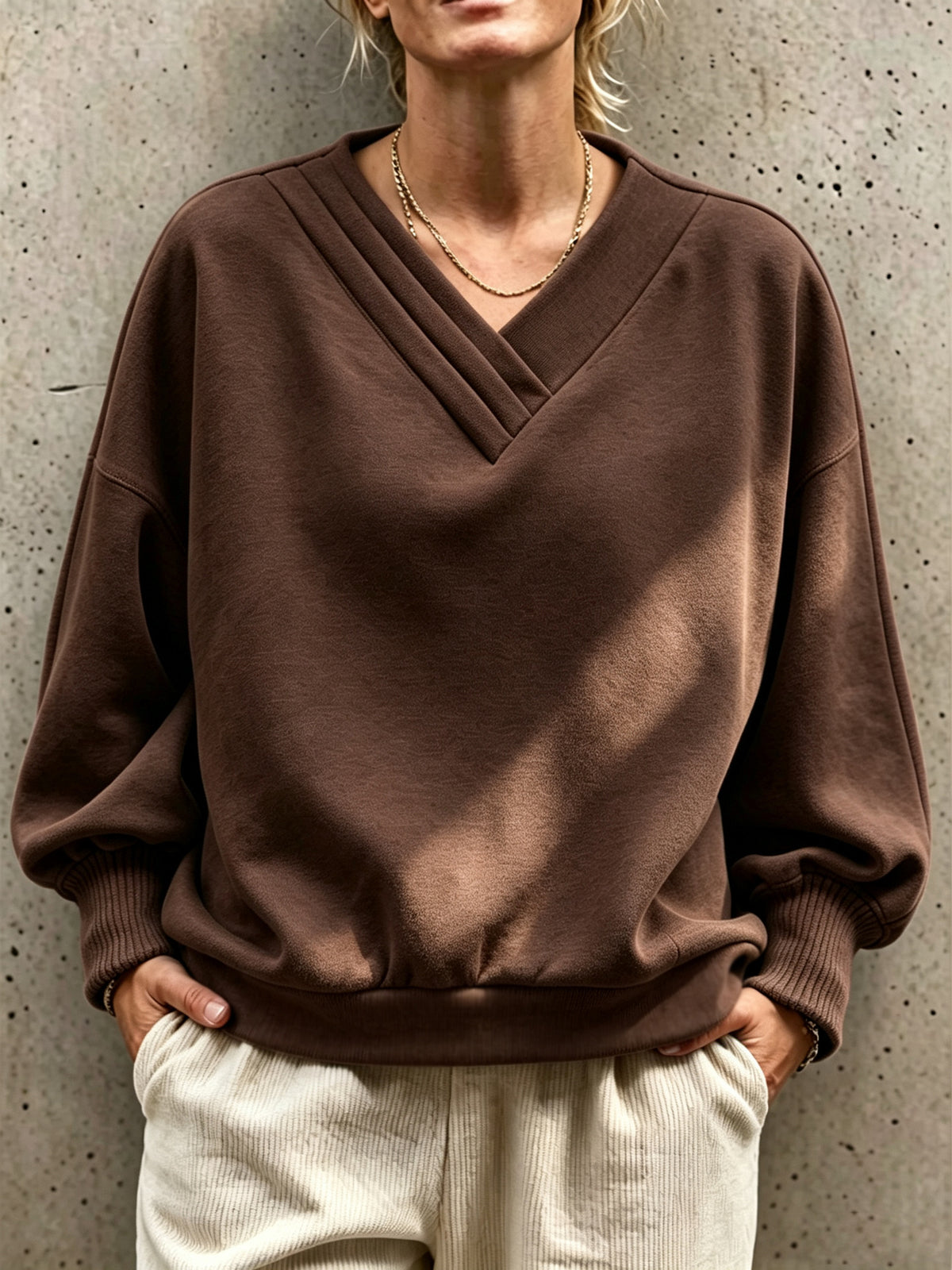 Oversized V Neck Sweatshirt Women Balloon Sleeve Pullover