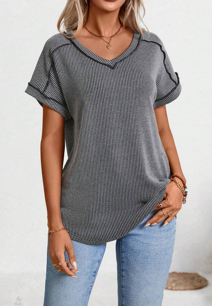 Women's V Neck Short Sleeve Ribbed Loose Casual T-Shirt