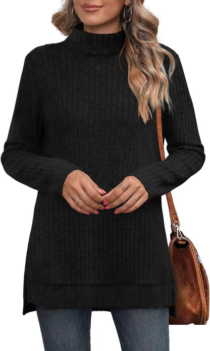 Oversized Ribbed Turtleneck Tunic Top Side Split