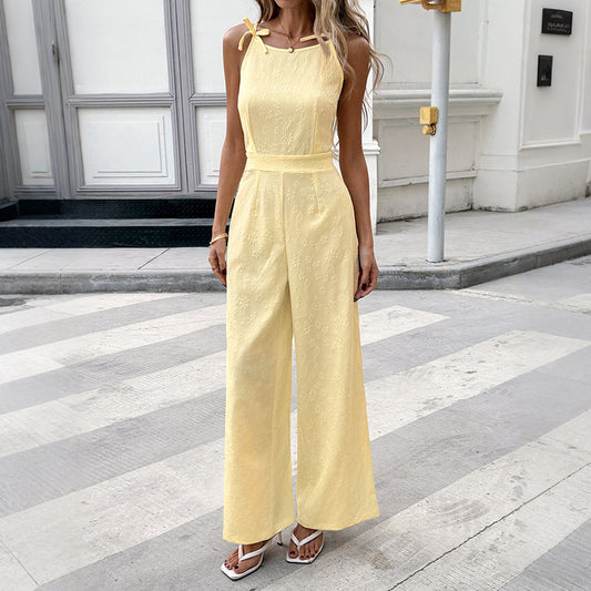 Yellow Jacquard Bow Strap Wide Leg Vacation Jumpsuit