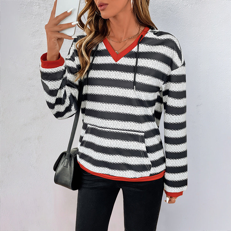 Women's Black and White Striped Pullover Hooded Casual Versatile Sweater