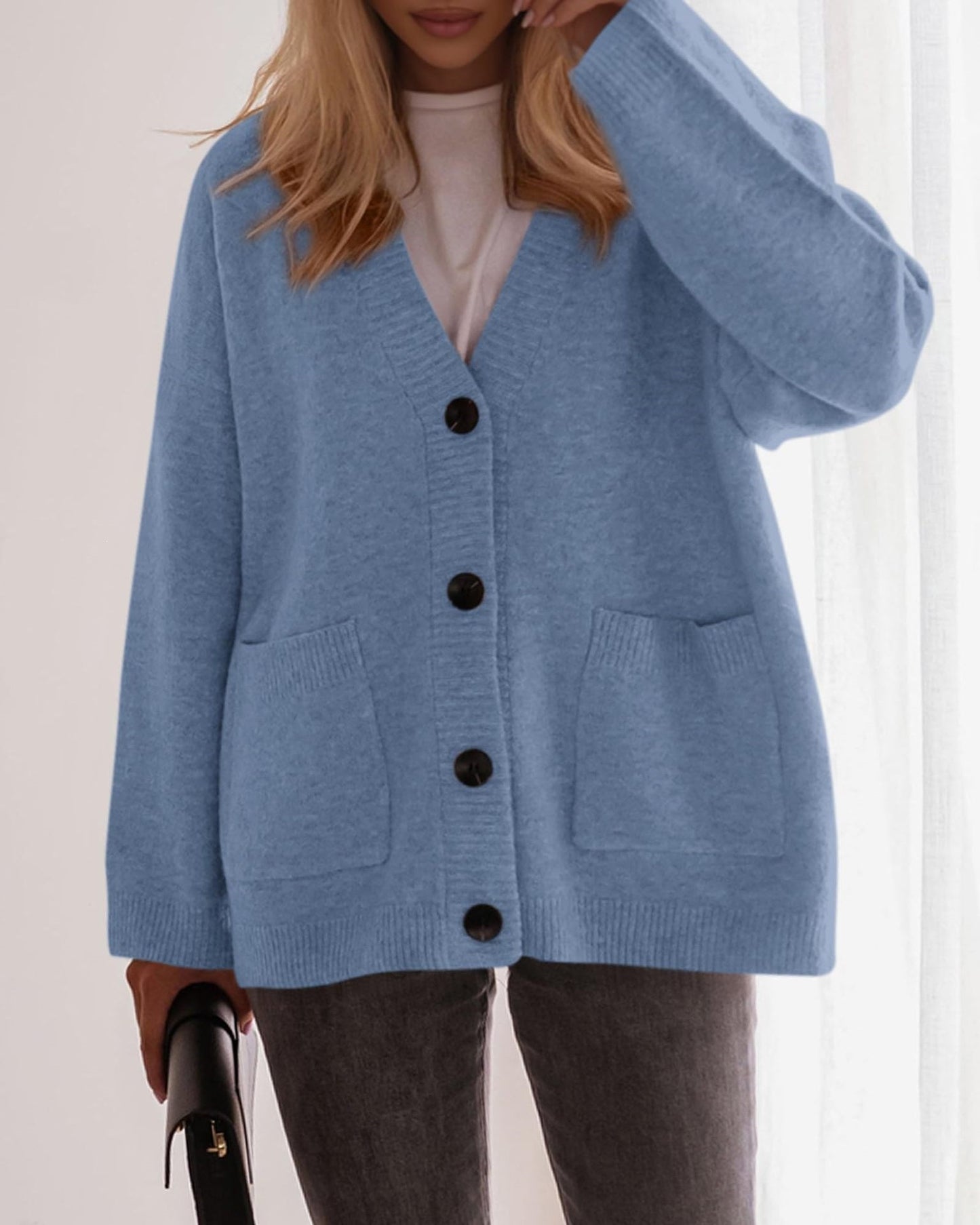 Oversized V Neck Button Knit Cardigan with Pockets