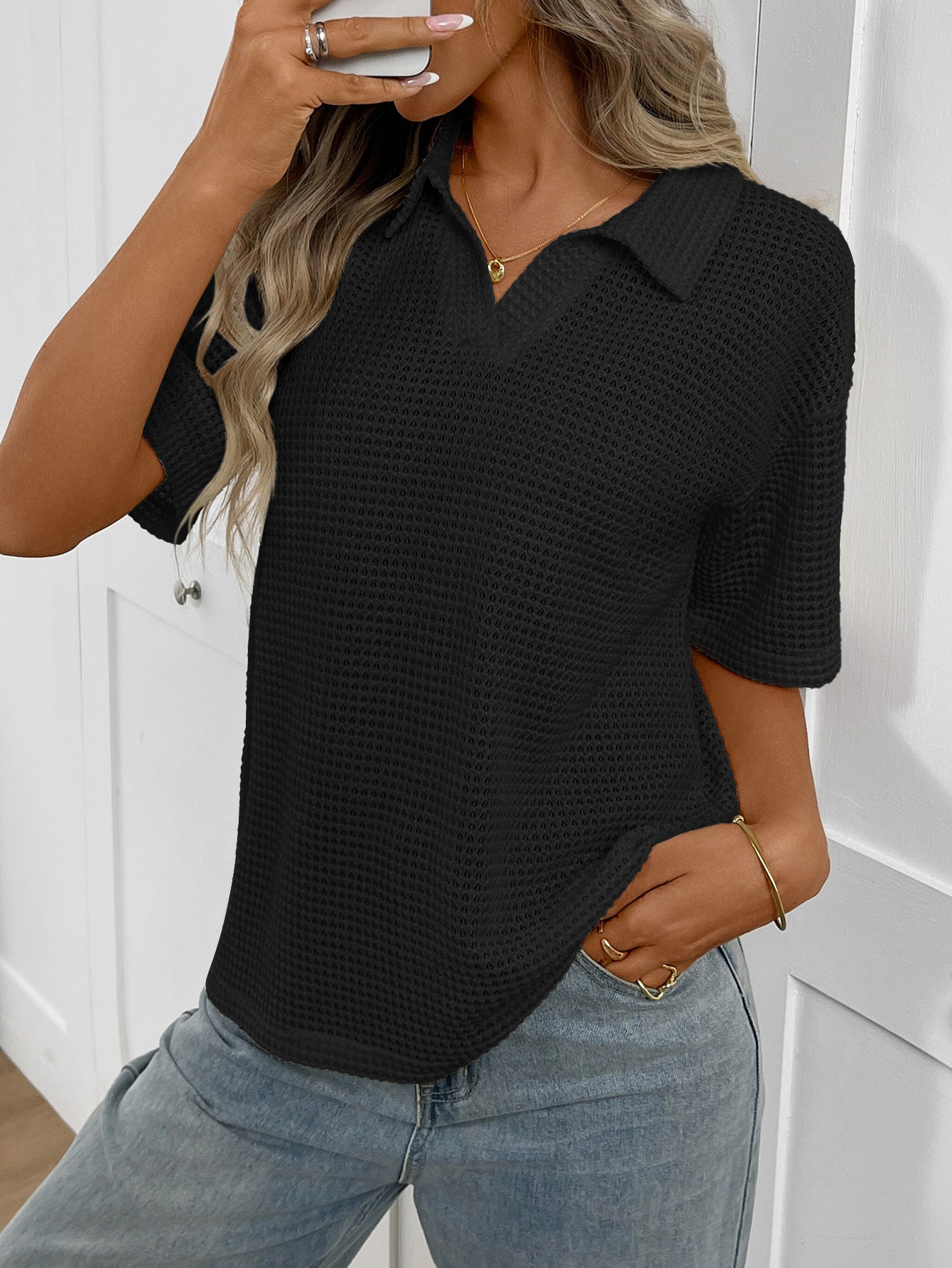 Striped Knit Polo Sweater Tee Relaxed Short Sleeve Top