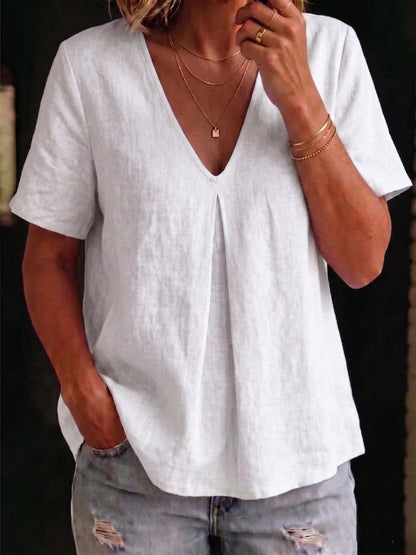 Women's Cotton Linen V-Neck Short Sleeve Casual Summer Top