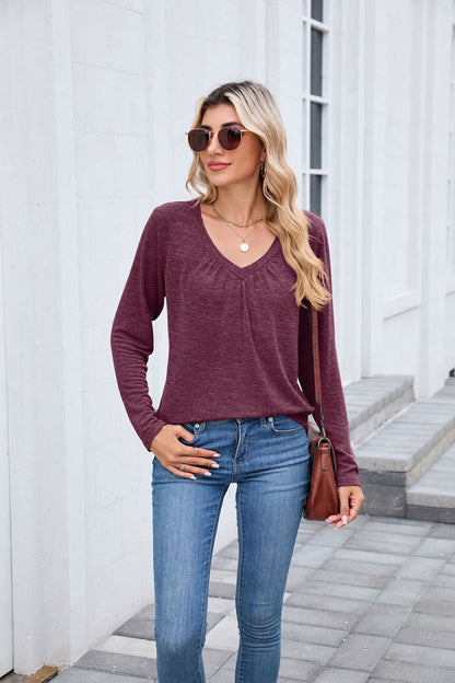 Women's Ruched V Neck Long Sleeve Loose Tunic Top