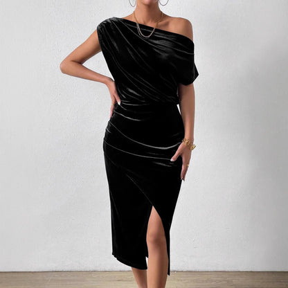 One Shoulder Velvet Midi Dress Ruched Asymmetrical Hem