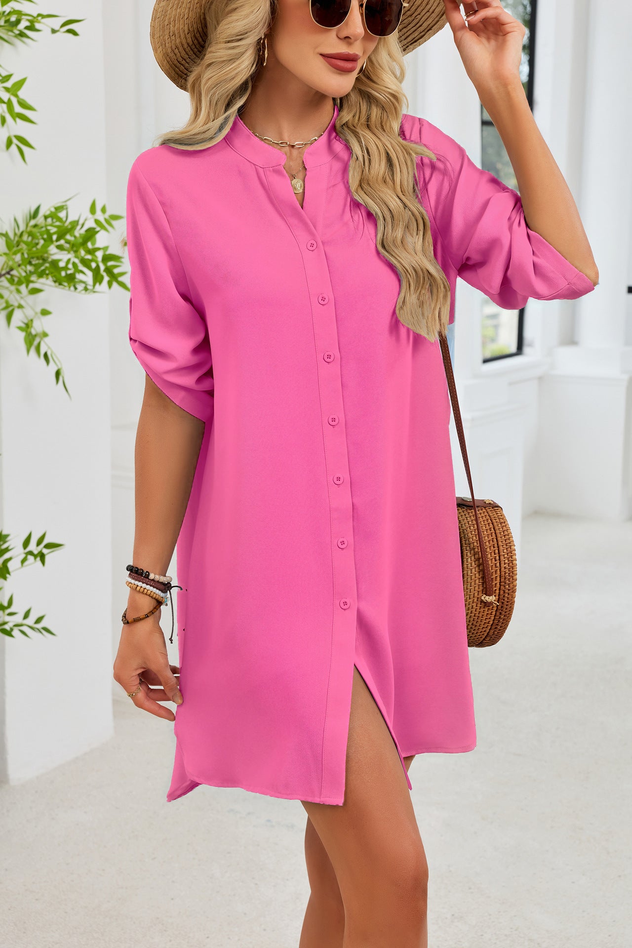 V Neck Button Down Shirt Dress Midi Casual Summer Dress