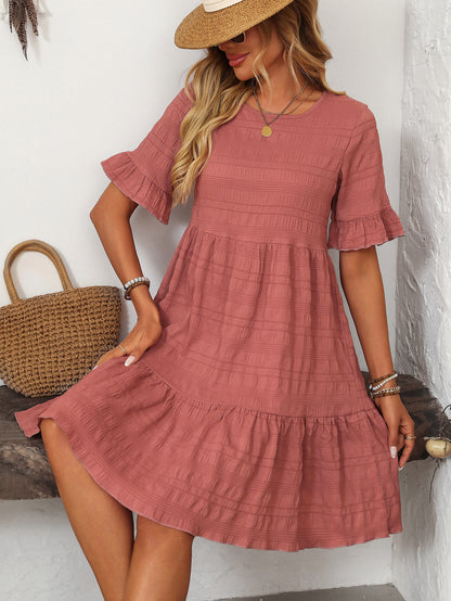 Textured Smocked Short Sleeve Tiered Midi Dress
