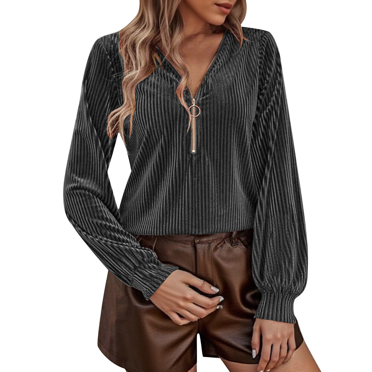 Women's Ribbed Velvet Half Zip V Neck Long Sleeve Top