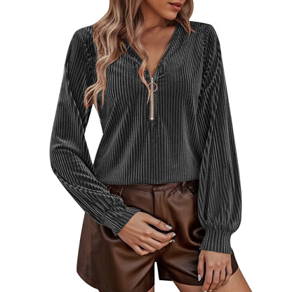 Women's Ribbed Velvet Half Zip V Neck Long Sleeve Top