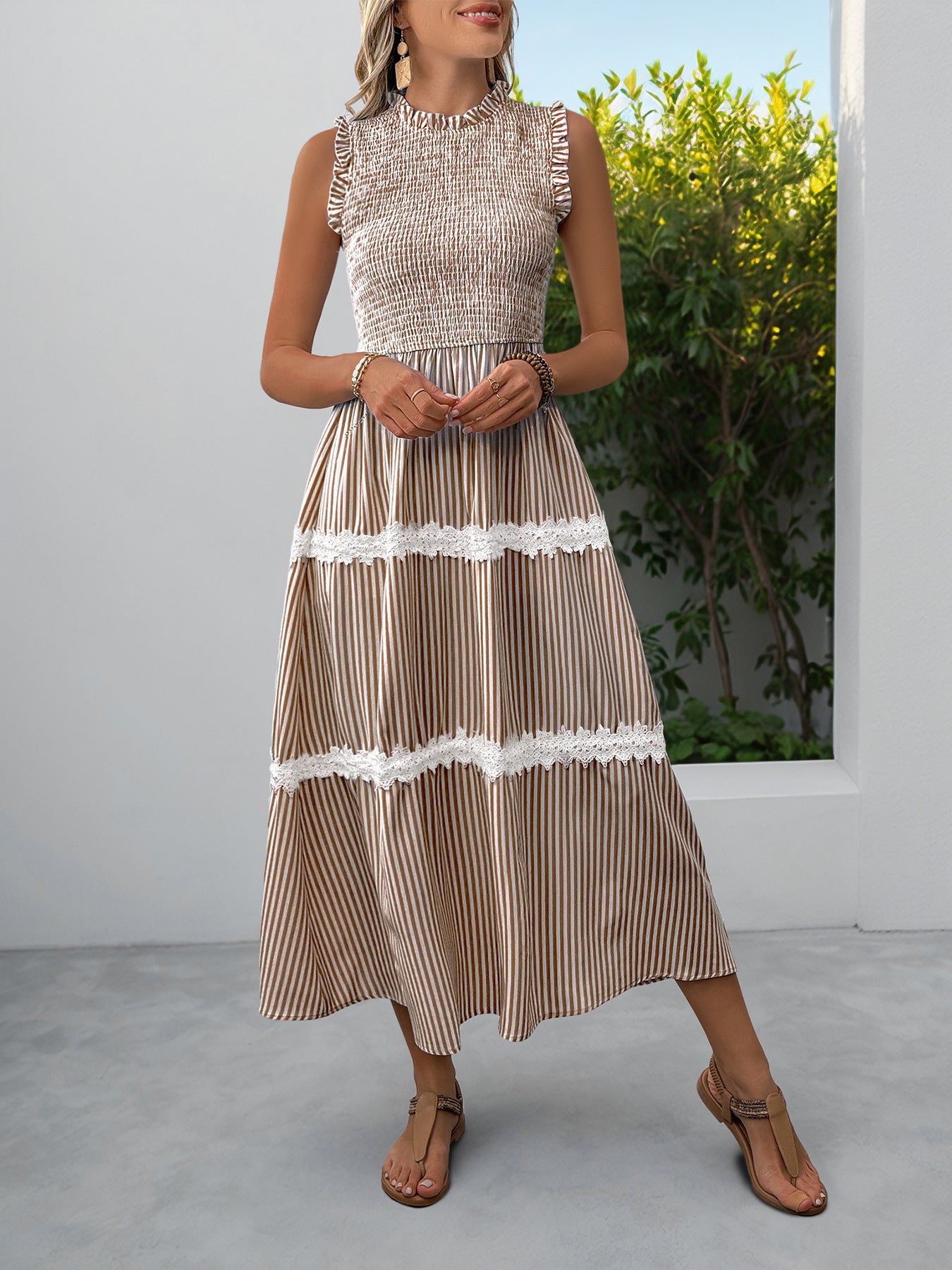 Sleeveless Striped Lace Midi Dress Ruffled A-Line Summer
