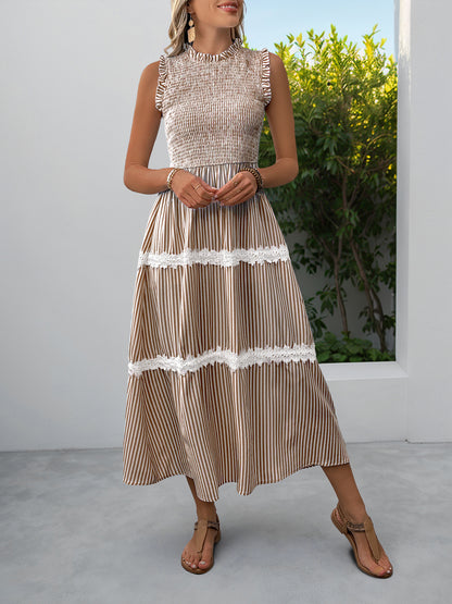 Sleeveless Striped Lace Midi Dress Ruffled A-Line Summer