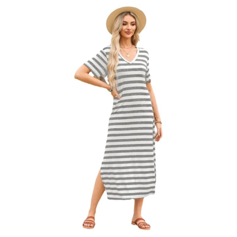 Black Stripe V Neck T Shirt Maxi Dress with Side Slit