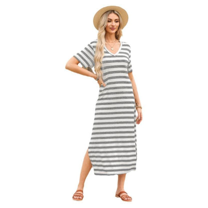 Black Stripe V Neck T Shirt Maxi Dress with Side Slit