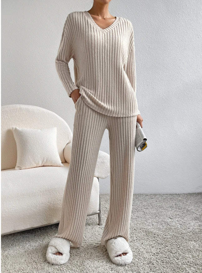 Women's Ribbed Knit V Neck Lounge Set Straight Leg Pants