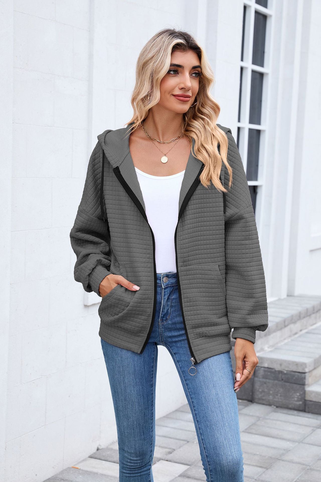 Quilted Zip Up Hooded Jacket Hoodie with Pockets