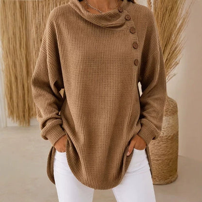 Women's Waffle Knit Cowl Neck Button Pullover Sweater