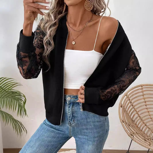 Lace Panel Baseball Collar Long Sleeve Jacket for Women