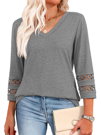 Women's V Neck 3/4 Sleeve Crochet Trim Loose Casual Blouse