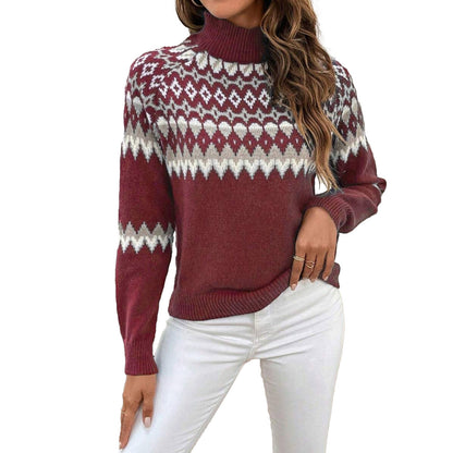 Women's Geometric Mock Neck Long Sleeve Knit Sweater