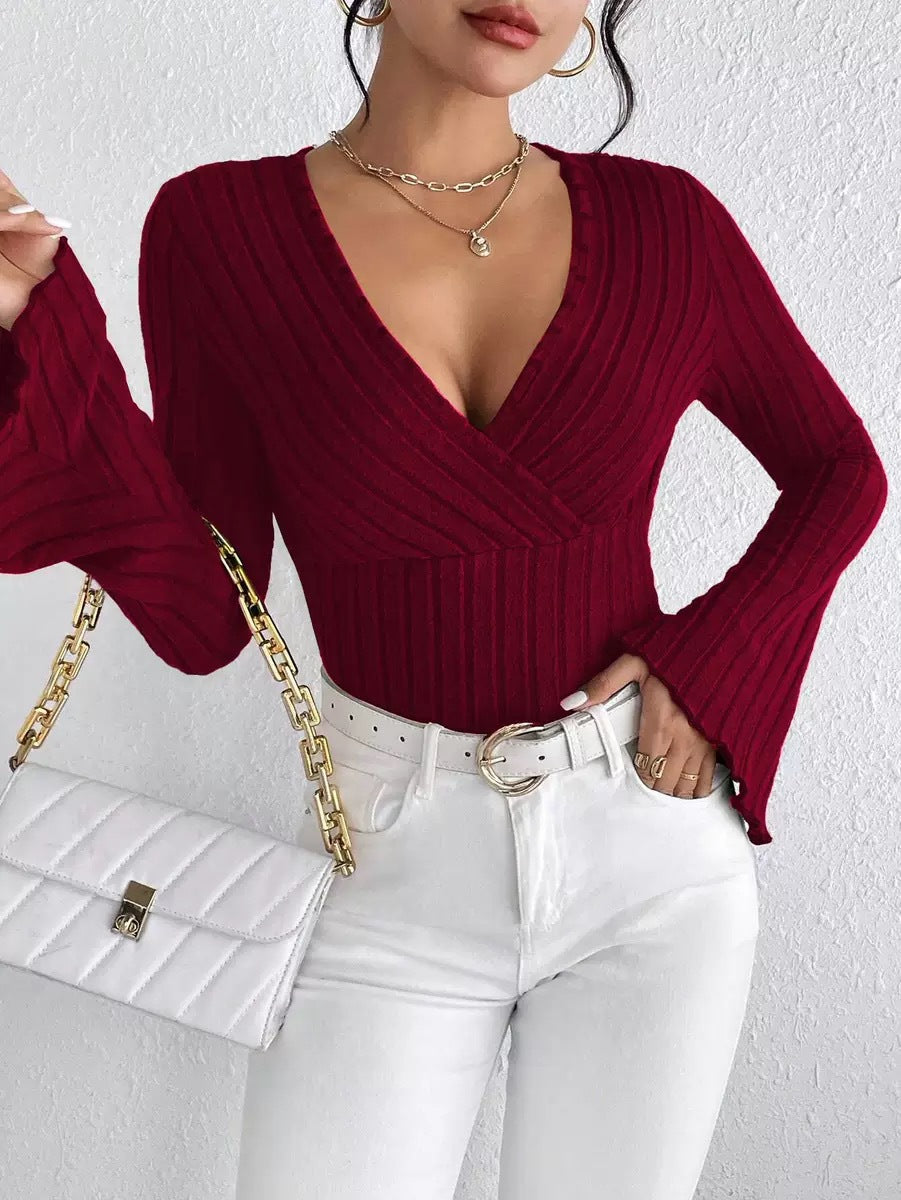 Women's Ribbed V Neck Flare Sleeve Fitted Top