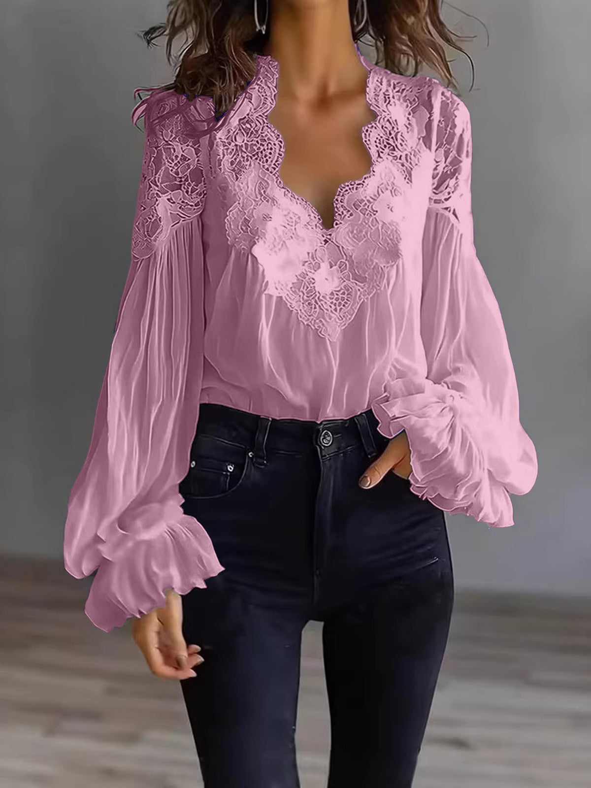 Women's Lace V-Neck Puff Sleeve Pleated Blouse