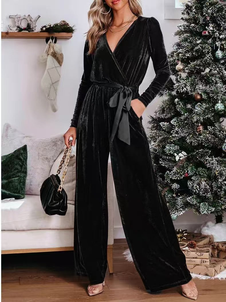 Women's Belted High Waist Wide Leg Long Sleeve Jumpsuit