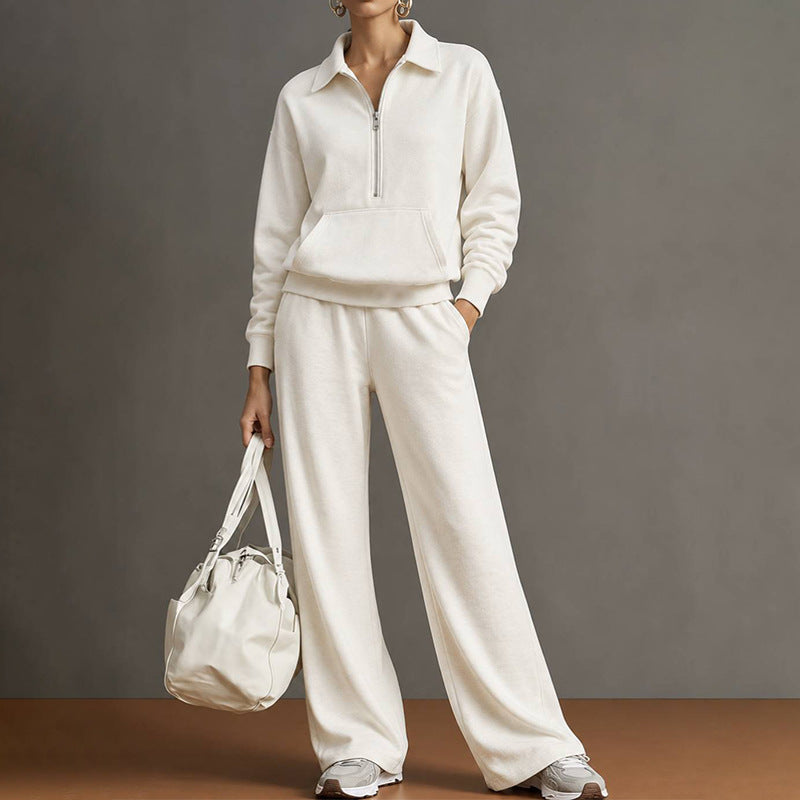 Women's Quarter Zip Sweatshirt Wide Leg Pants 2 Piece Set