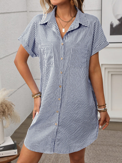 Striped Short Sleeve Shirt Dress Casual Summer Style