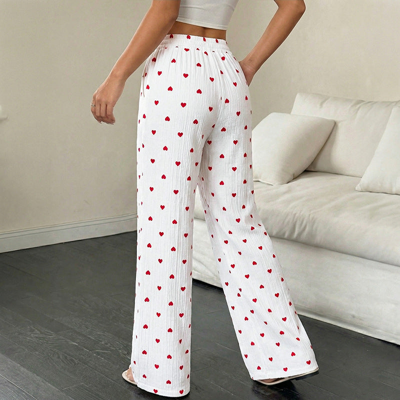 Heart Print Wide-Leg Pants Casual Summer Lounge Trousers