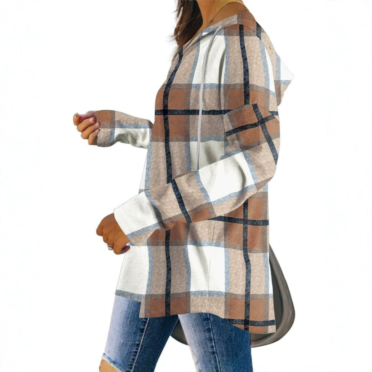 Women's Plaid Fleece V-Neck Hoodie Pullover