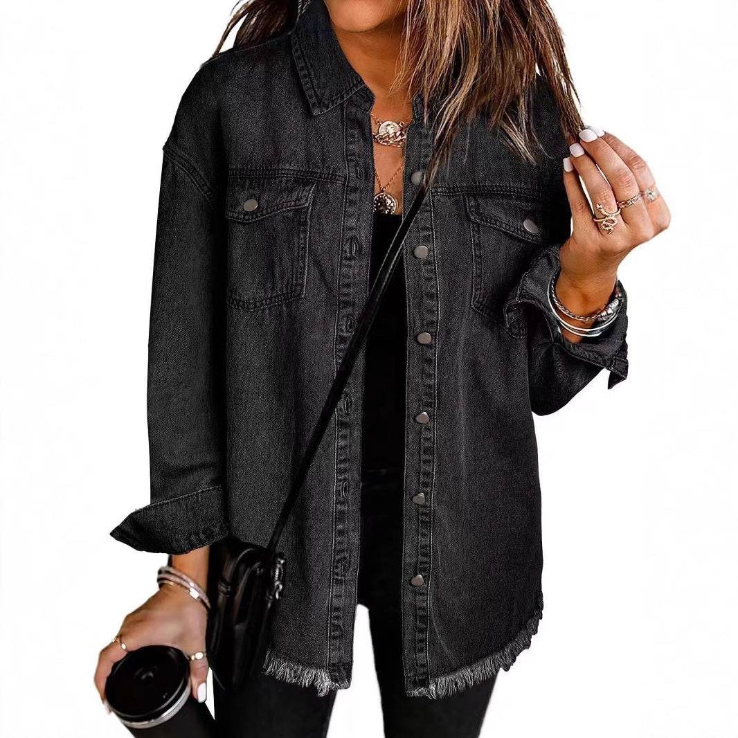 Women's Oversized Denim Shacket Frayed Hem