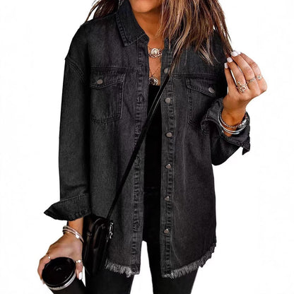 Women's Oversized Denim Shacket Frayed Hem