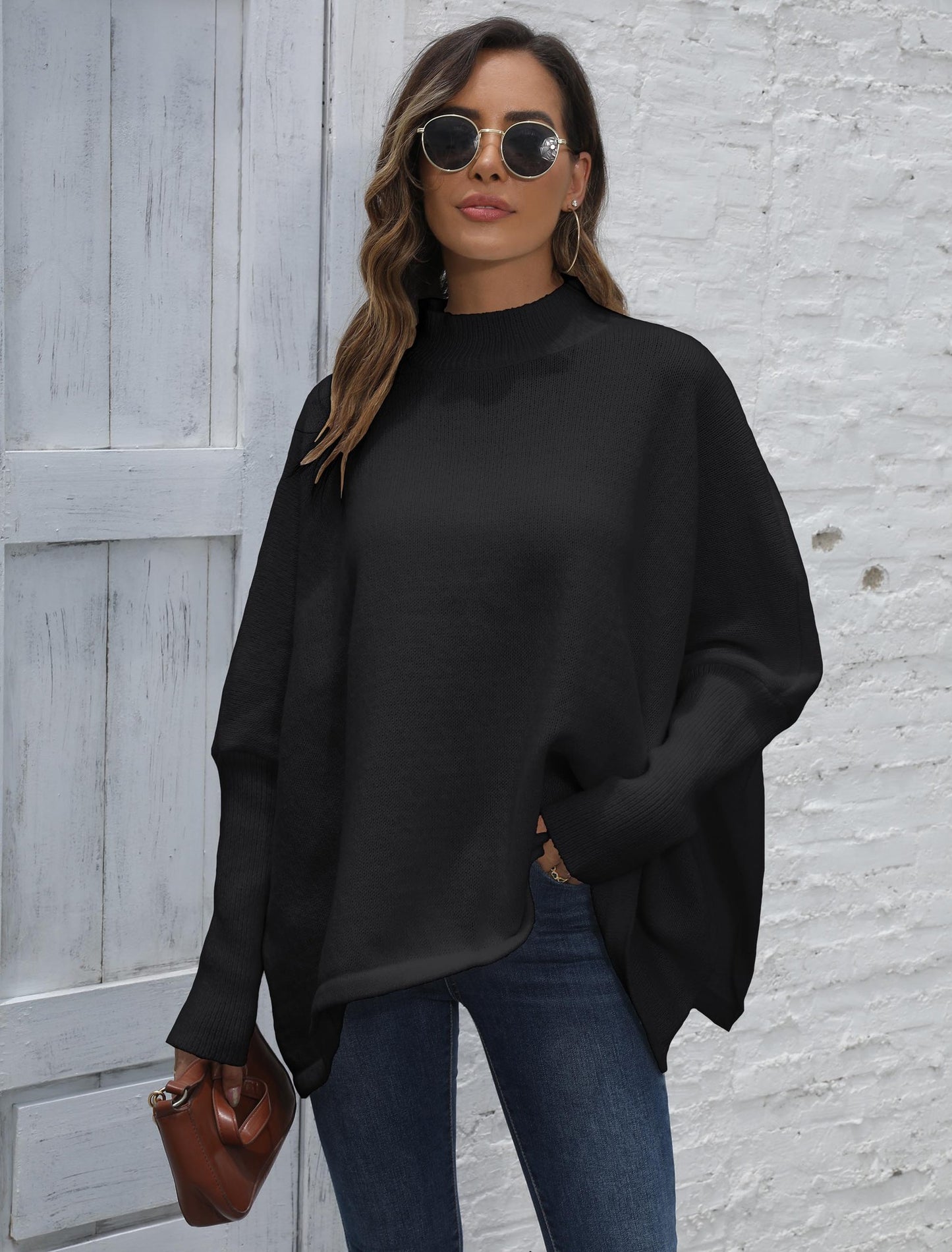 Ladies Loose Split Split Bat Sleeve Half Turtleneck Sweater