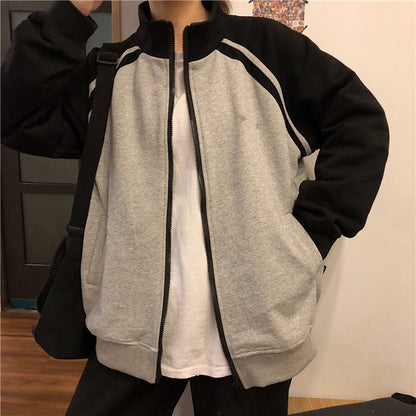 Women's Oversized Color Block Varsity Zip Up Jacket