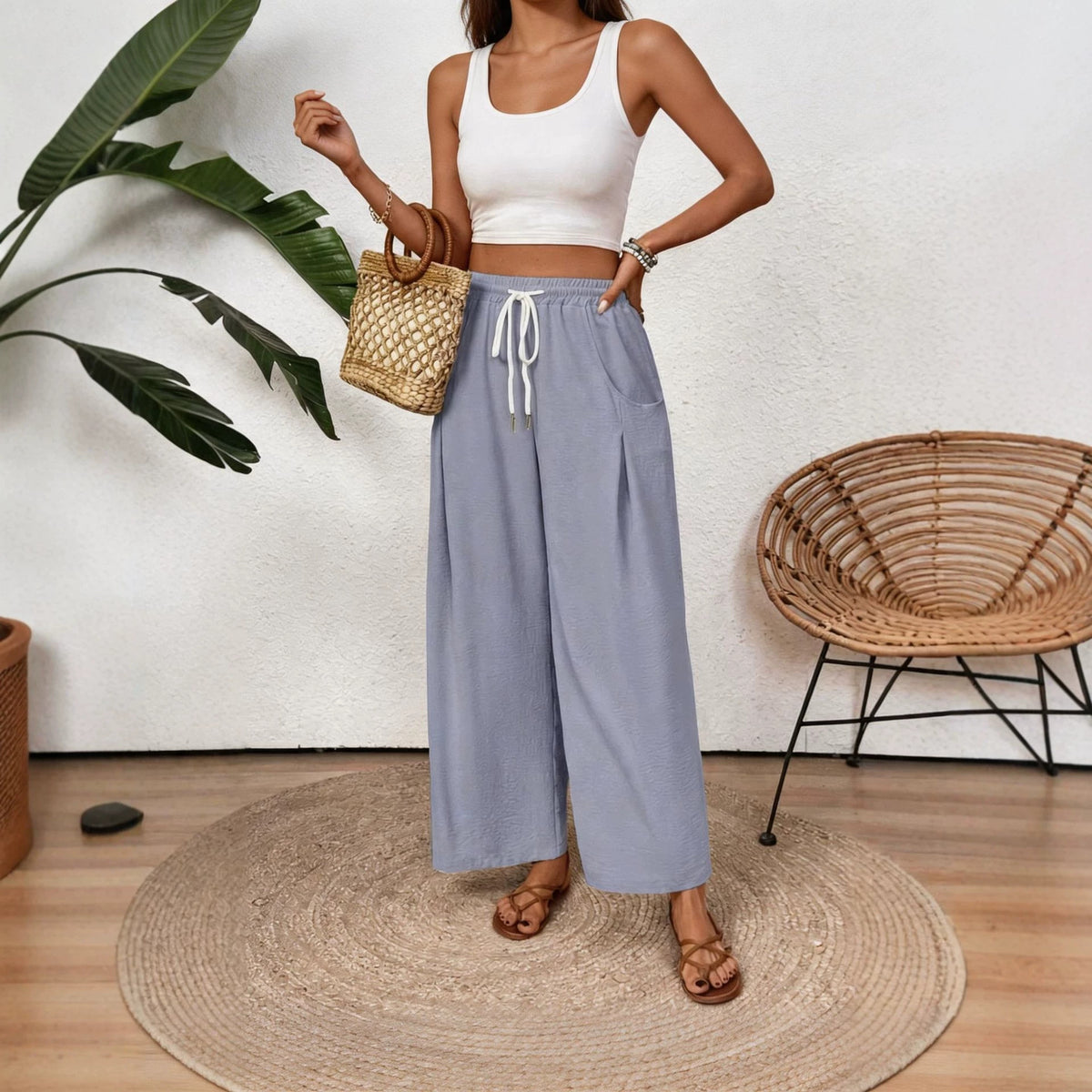 Women's High Waist Wide Leg Drawstring Pants with Pockets