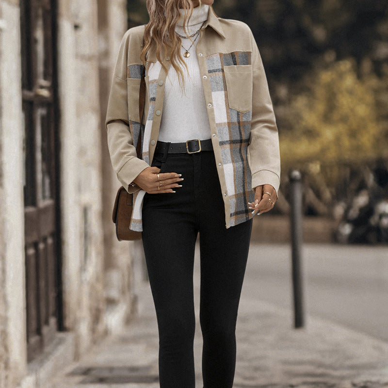 Plaid Lapel Button-Down Long Sleeve Shacket for Women