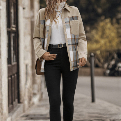 Plaid Lapel Button-Down Long Sleeve Shacket for Women