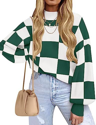 Women's Checkered Mock Neck Balloon Sleeve Sweater