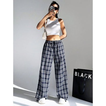 Plaid Wide Leg Pants Drawstring Casual Lounge Pants