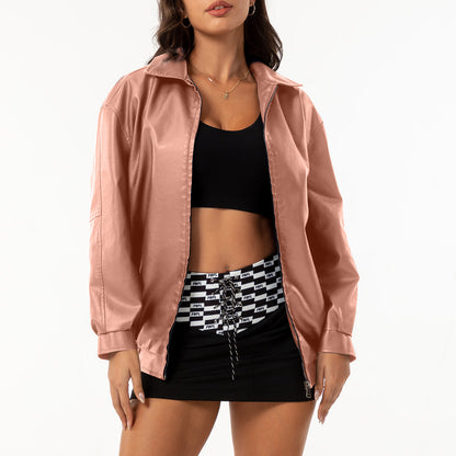 Womens Oversized Faux Leather Jacket Zip Up Casual