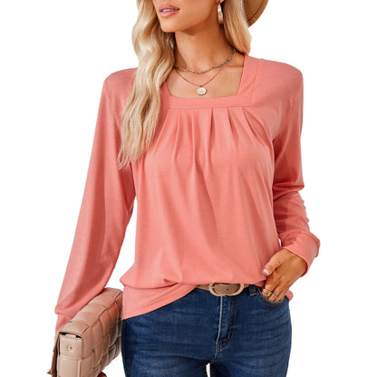 Women's Square Neck Pleated Long Sleeve Loose Casual Top