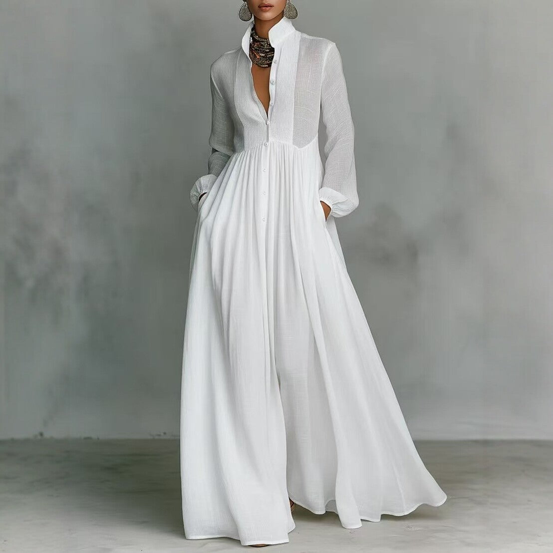 Elegant Vintage Maxi Dress Long Sleeve A-Line Button Down